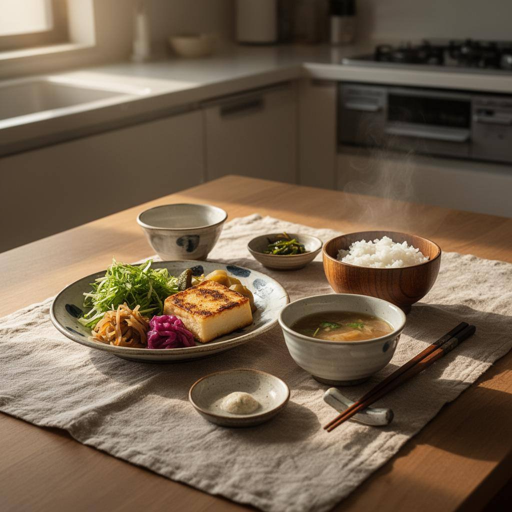モダンな和食器に盛られた豆腐と多彩な野菜のプラントベース朝食のクローズアップ