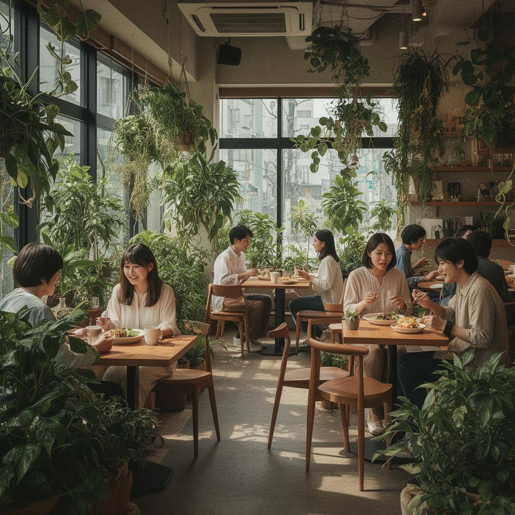 東京の緑あふれるサステナブルカフェでプラントベース料理を楽しむ人々の様子