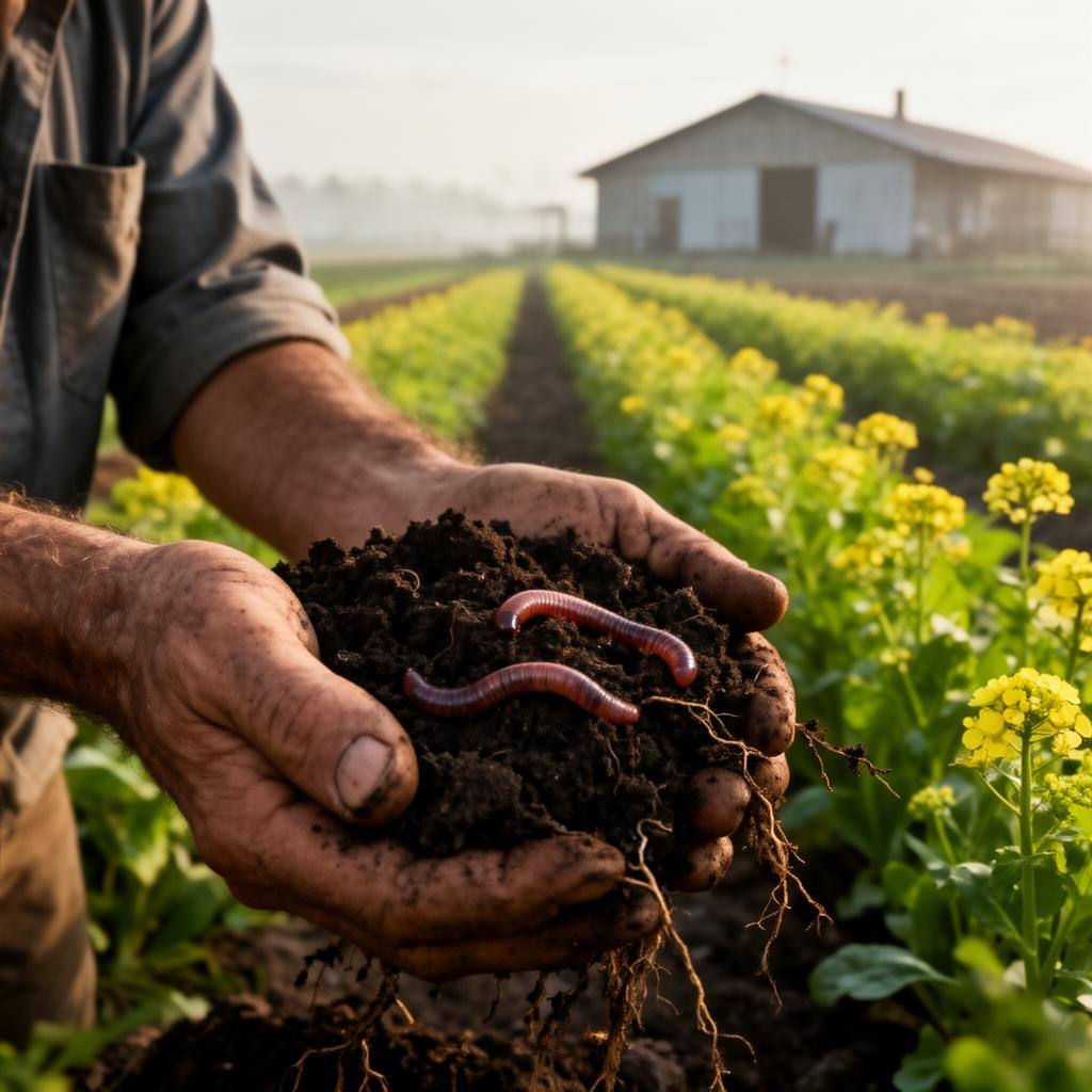 Farmer holding soil from a regenerative farm, showing healthy roots and worms