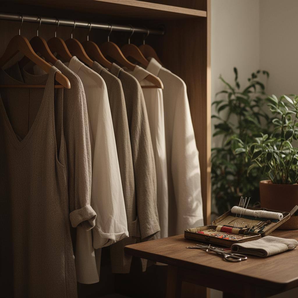 修理道具とサステナブルな服が並ぶ、ミニマルなクローゼットの風景