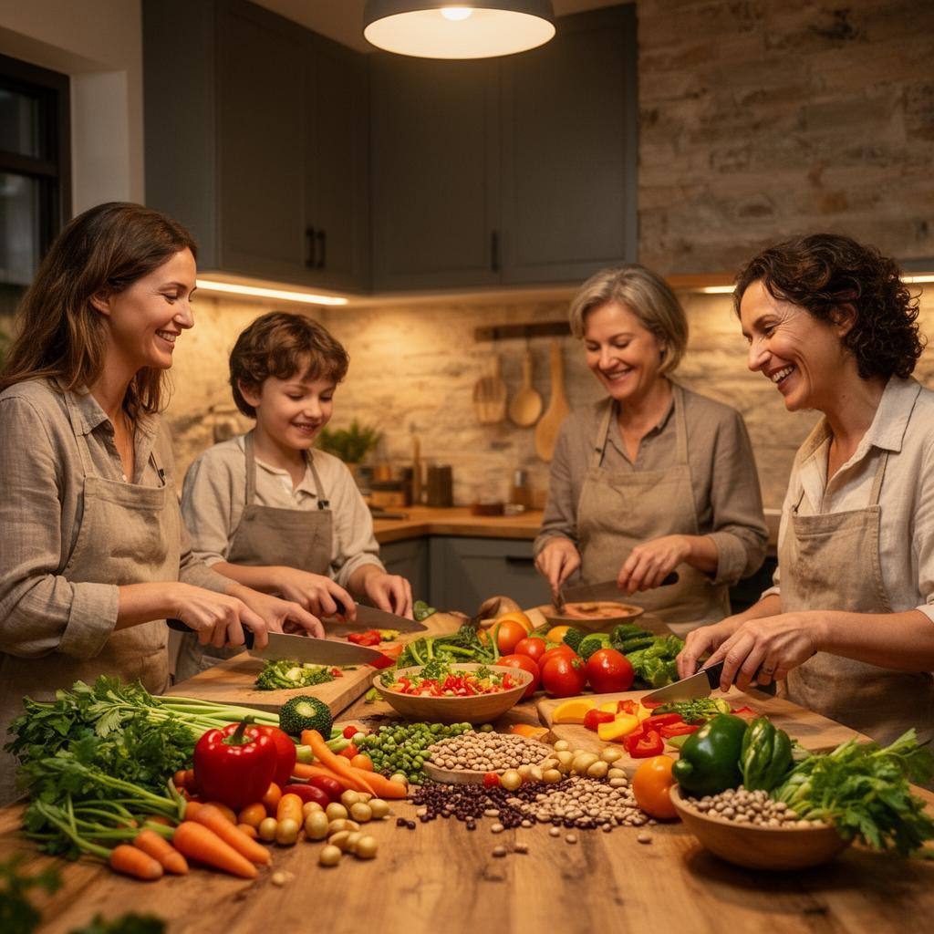 Familie bereitet gemeinsam ein veganes Essen mit frischen Zutaten zu
