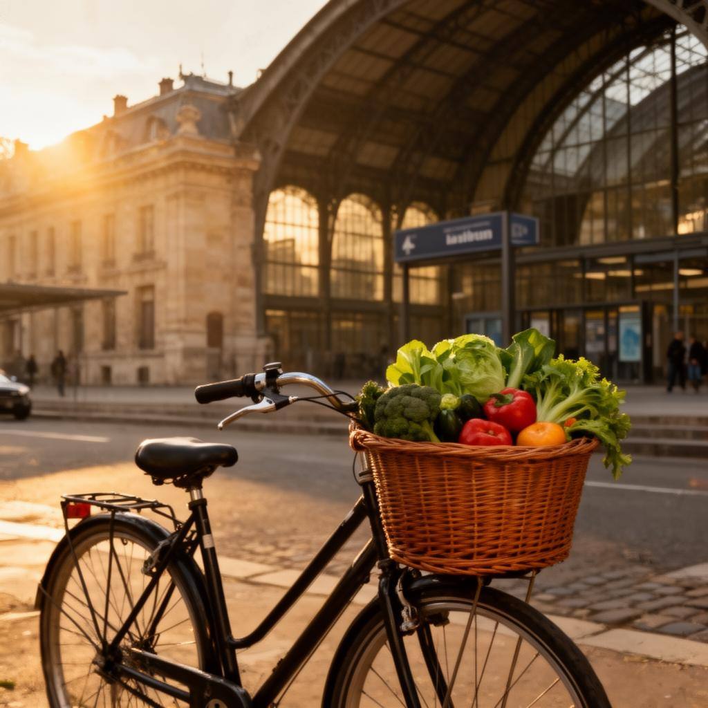 Vélo avec panier de légumes devant une gare française pour réduire l'empreinte carbone
