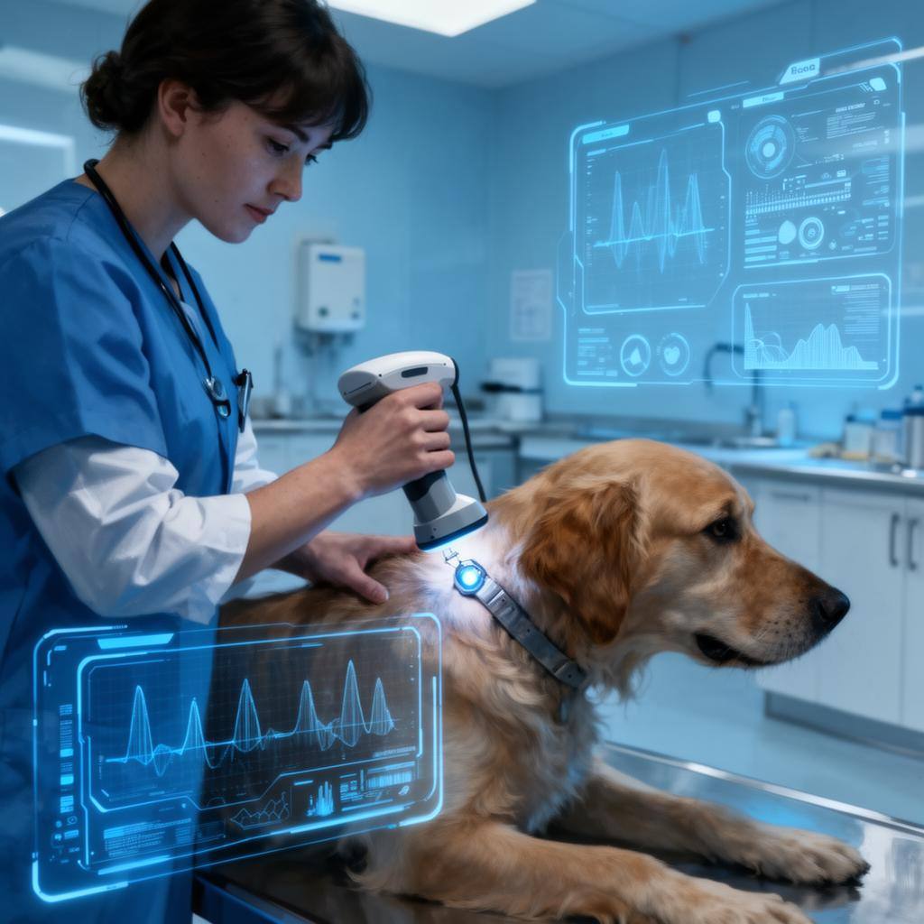 兽医用手持扫描仪检查犬只颈部芯片,数字屏幕显示生物识别数据