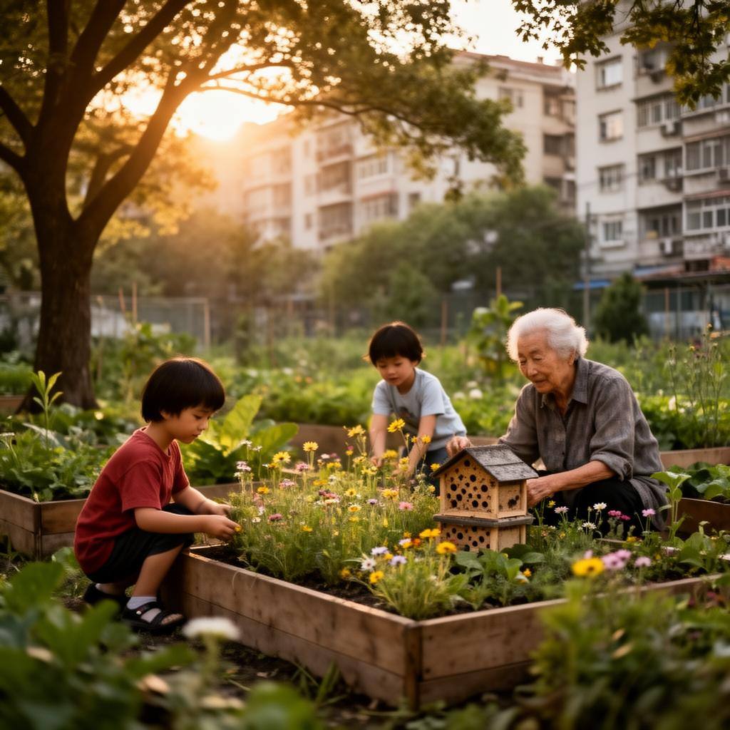 上海社区花园中,居民与孩子一同照料本土花卉与昆虫旅馆,高楼背景柔和虚化