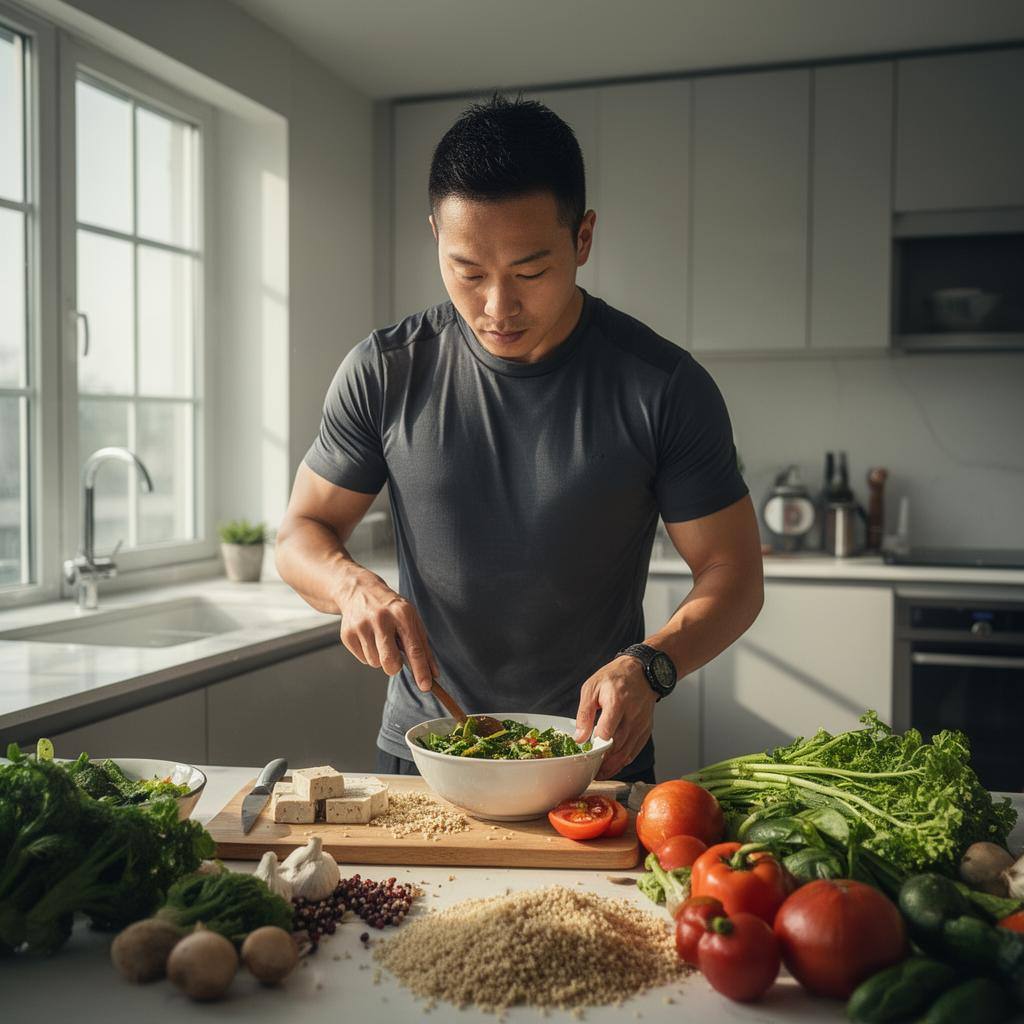 中国运动员在明亮的厨房中用豆腐、藜麦和蔬菜准备植物基餐食，自然光营造温暖氛围