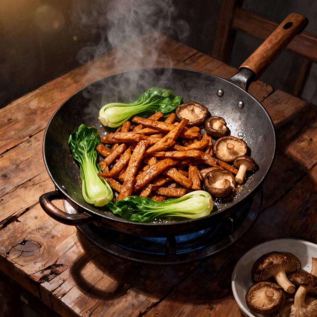 铁锅中爆炒植物基肉丝，搭配青菜与香菇，热气腾腾，展现镬气与色彩。