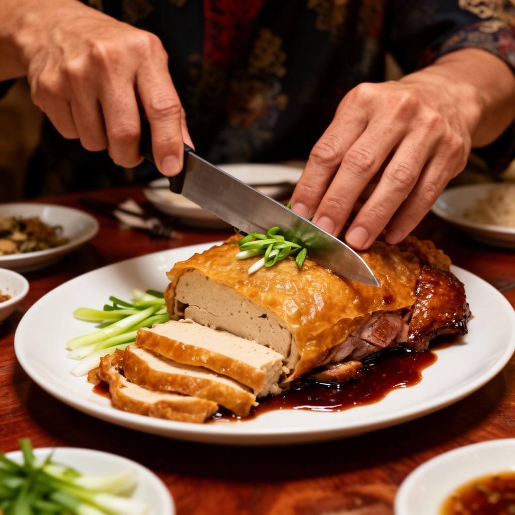 厨师正在切素烤鸭，露出金黄酥脆的千层豆皮，配以葱丝和甜面酱。