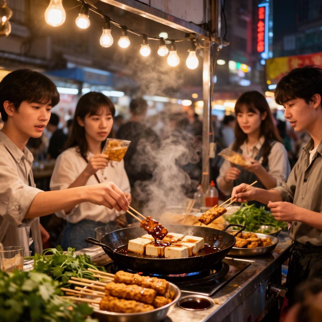 上海夜市年轻人品尝创新天贝和豆腐小吃,热气腾腾,氛围热闹。