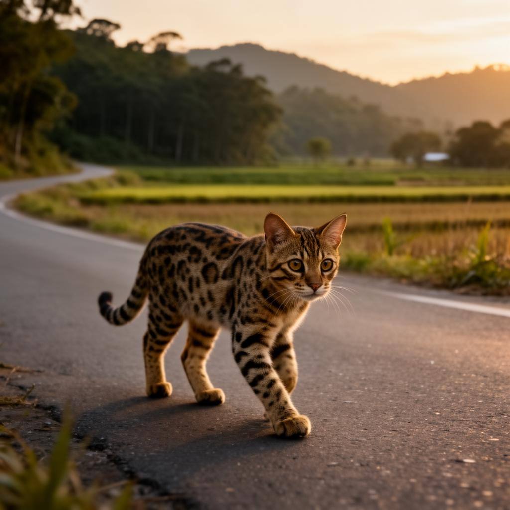 一只石虎在黄昏的乡间道路上谨慎前行，背景是浅山森林与农田模糊可见。