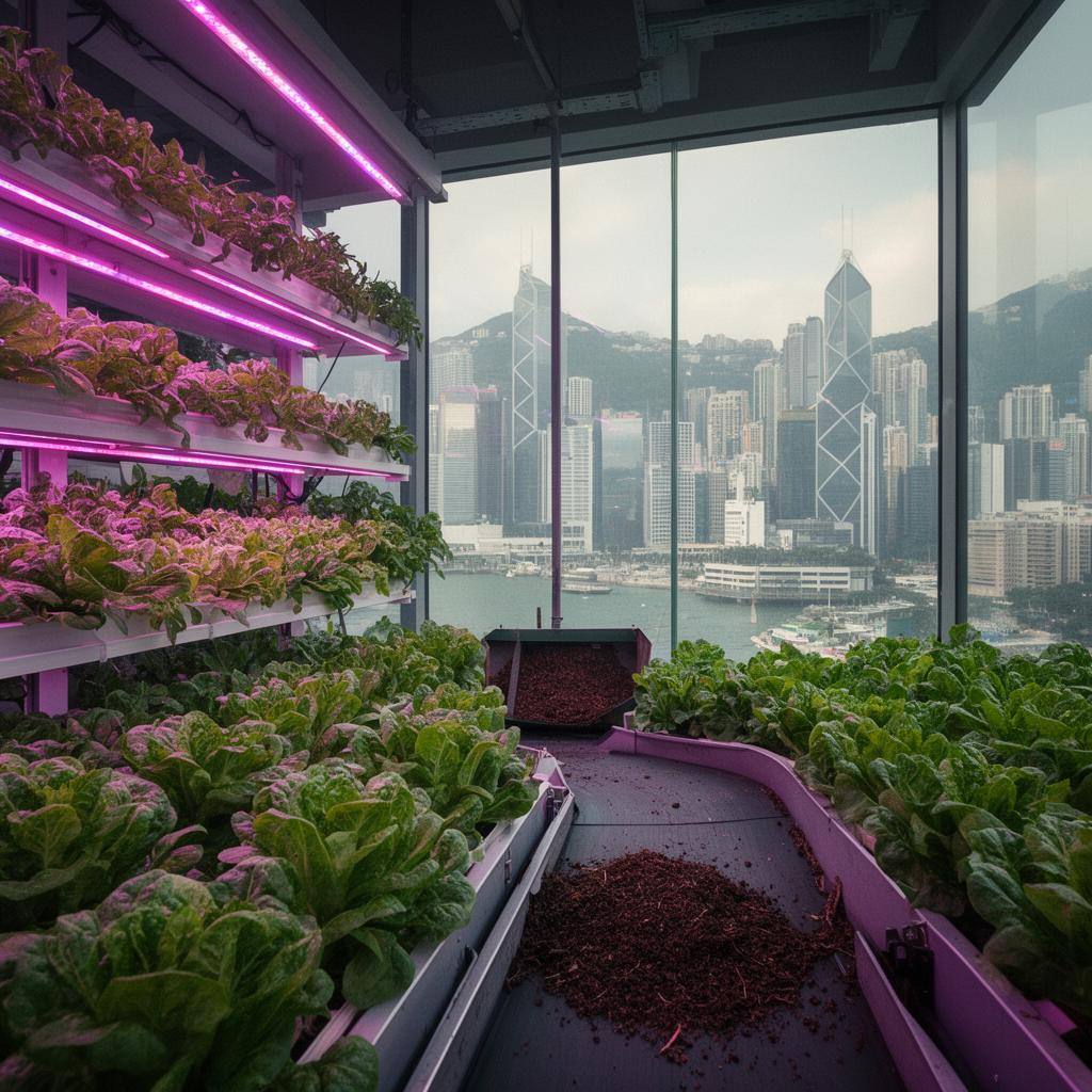 香港城市垂直农场内，紫色LED灯下生长着绿叶蔬菜，输送带运送有机肥料，城市天际线可见。