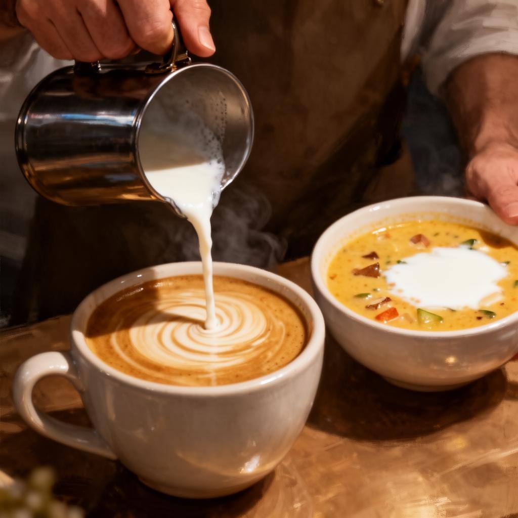 コーヒーに注がれるオートミルクとカレー用のココナッツミルク