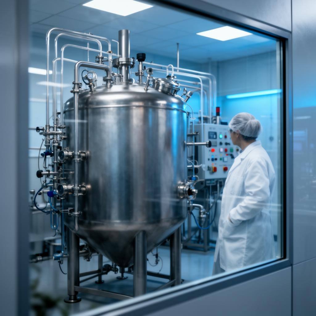 大型不锈钢发酵罐和管道系统，科学家通过观察窗监测反应过程。