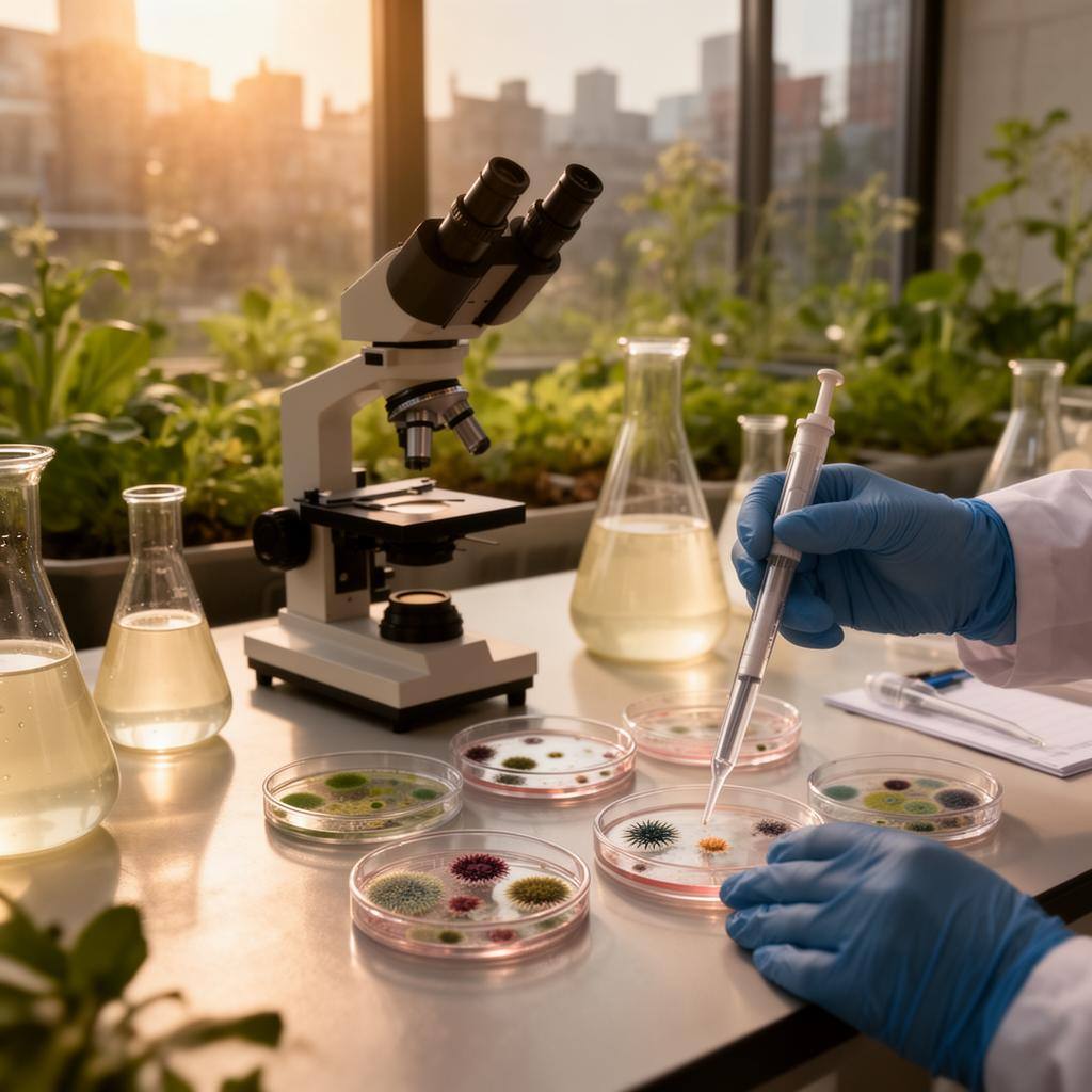 实验室桌上摆放培养皿和显微镜，研究微生物培养物生长情况。