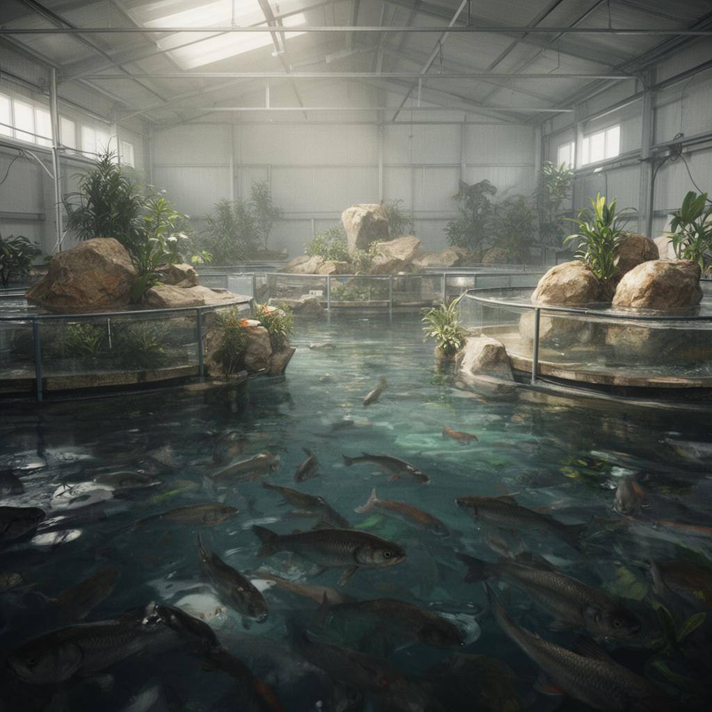 低密度で自然な環境が整った養殖施設を泳ぐ魚たちの水中写真
