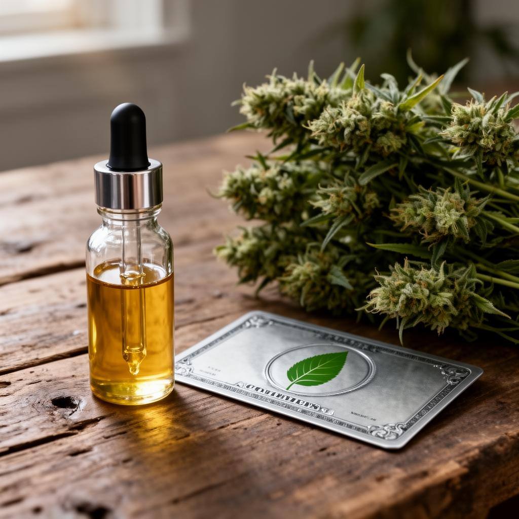 高纯度CBD油滴管瓶与纯素认证证书并置，背景有有机大麻花。