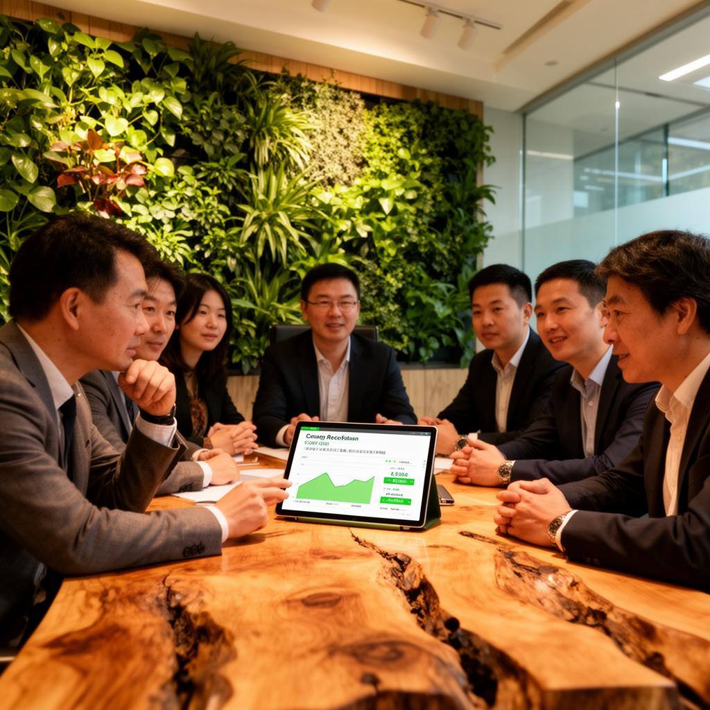 投资者围看平板上的植物基公司财务图表，室内有垂直花园和再生木桌，讨论热烈。