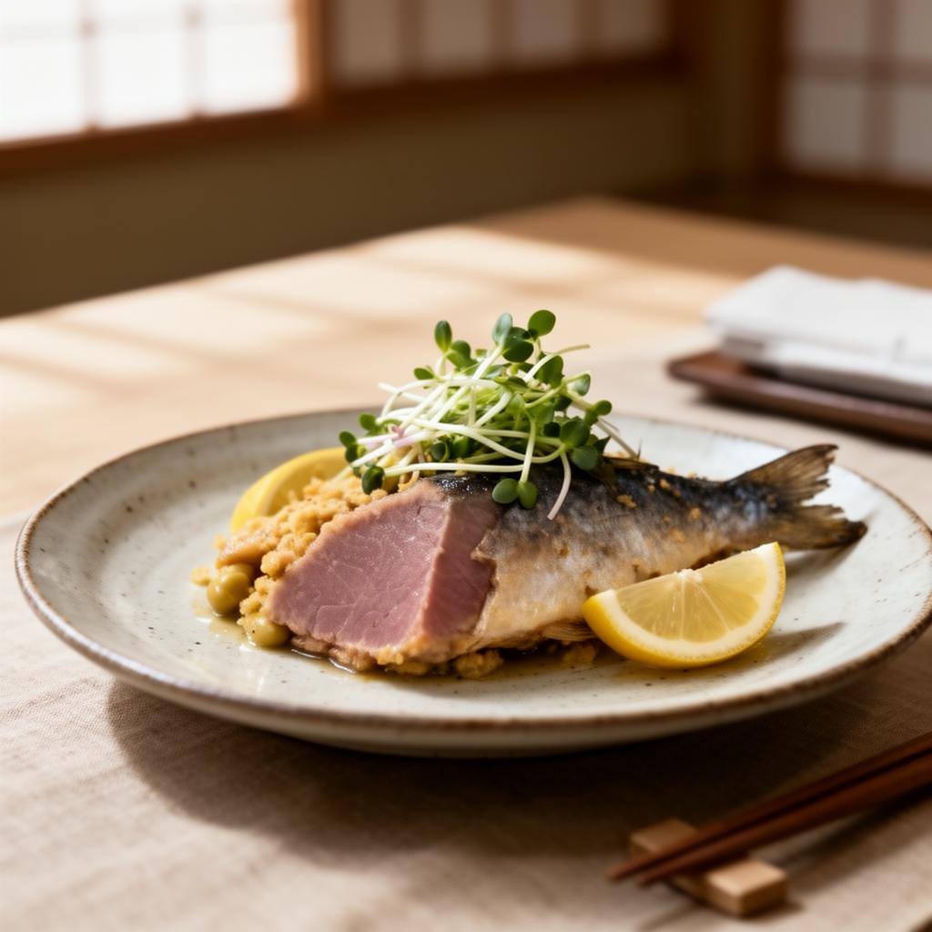 植物性シーフードのプレート、枝豆や大豆で作ったツナとフィッシュフライがおしゃれに盛り付けられた食卓