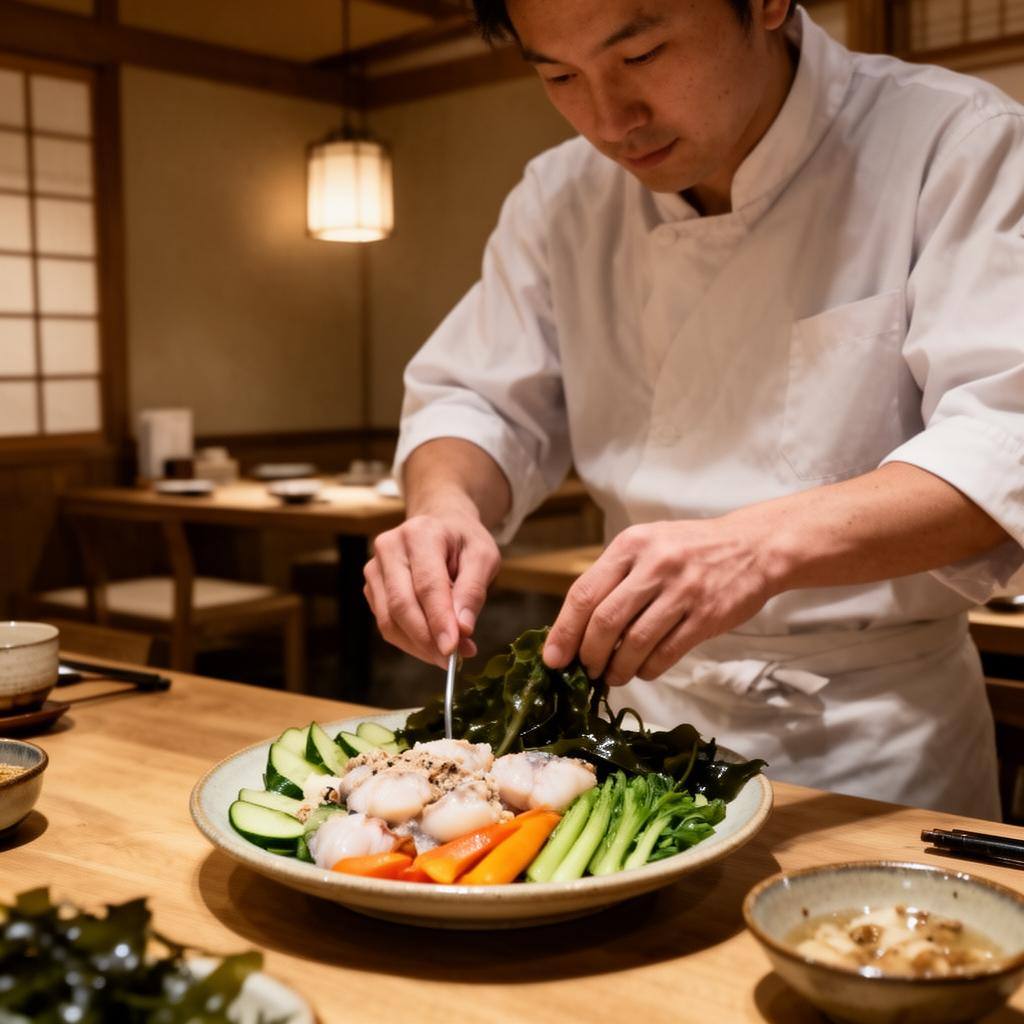 持続可能な和食レストランで植物性シーフードを調理するシェフ
