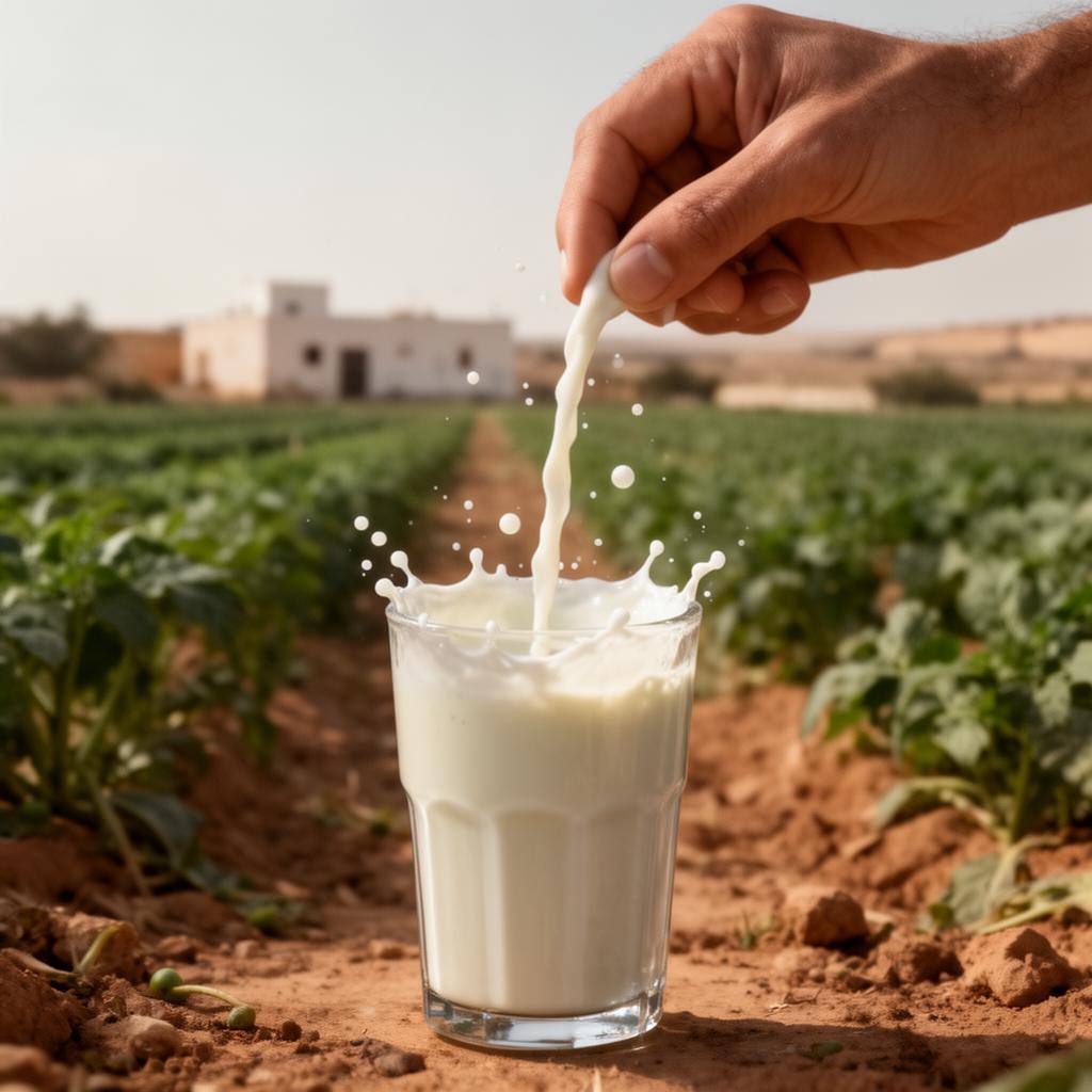 مشهد لصب حليب البازلاء في كوب زجاجي وسط حقل زراعي