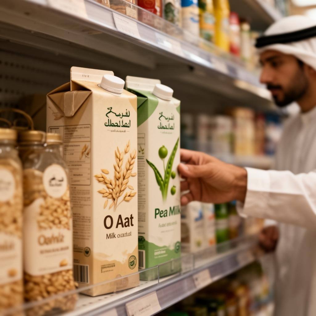 رفوف سوبر ماركت تعرض حليب الشوفان والبازلاء في دبي