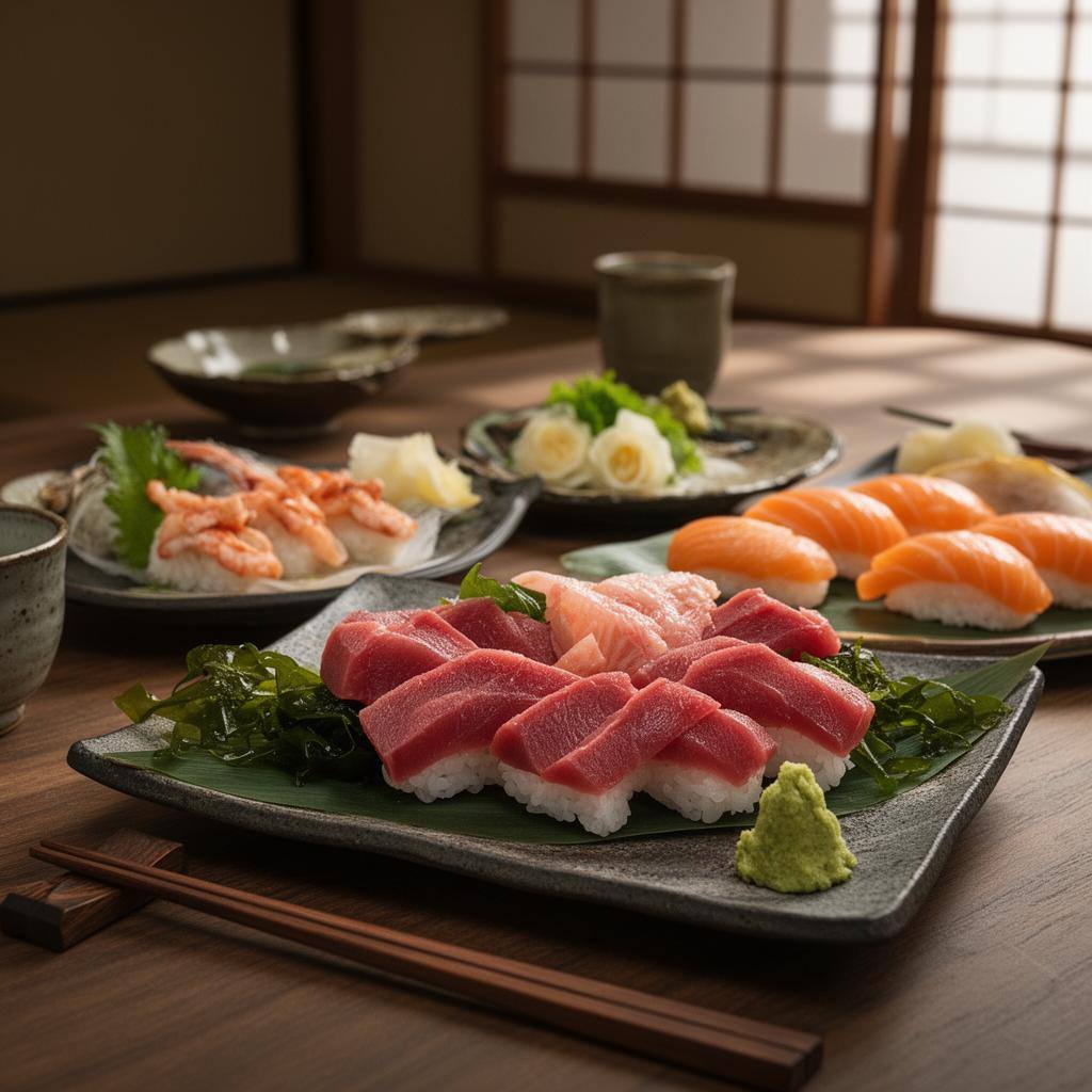 日本の食卓に並ぶ、様々な植物性代替魚料理の精緻なプレゼンテーションの写真。