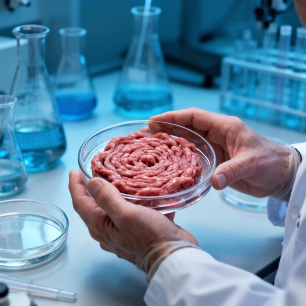 实验室中科学家手持培养皿,展示细胞肉技术,象征绿色替代方案。