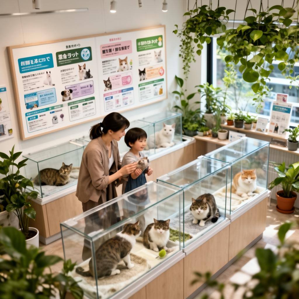 現代的な日本のペットショップで保護猫を見つめる親子の姿と、明るい店内の様子。
