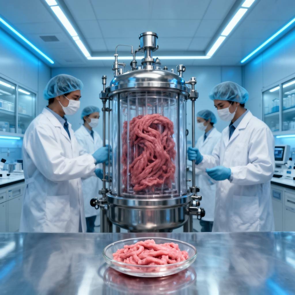中国实验室中,科学家正在检查大型不锈钢生物反应器中的培养肉。