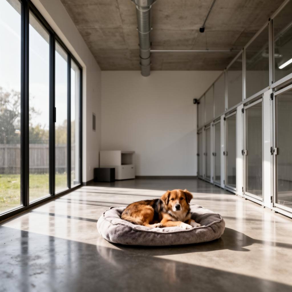 広々とした動物保護施設でくつろぐ犬の姿。明るい自然光が差し込む清潔な空間。