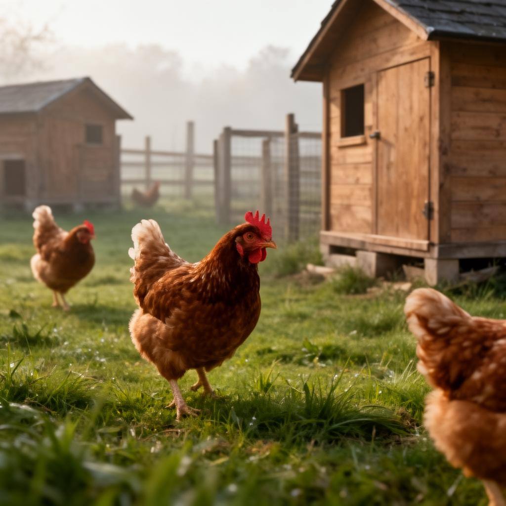 平飼いで放牧される鶏たち。緑の牧草地と木製の鶏舎が調和する穏やかな畜産風景。