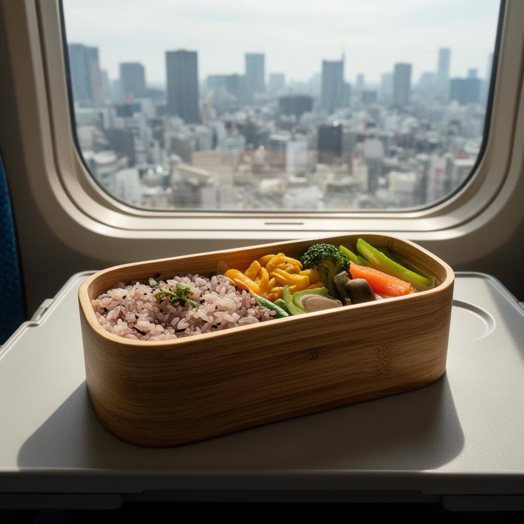 東京の車窓を背景に、エコな竹容器に入った彩り豊かなヴィーガン駅弁を写した写真