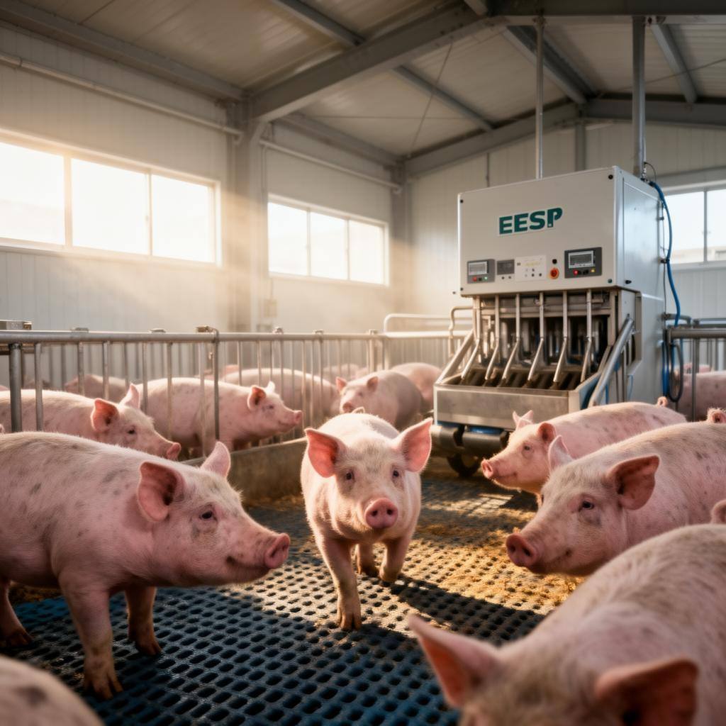 日本の近代的な群飼豚舎で、電子母豚給餌システムが設置された広々とした空間を母豚が自由に歩き回る様子。