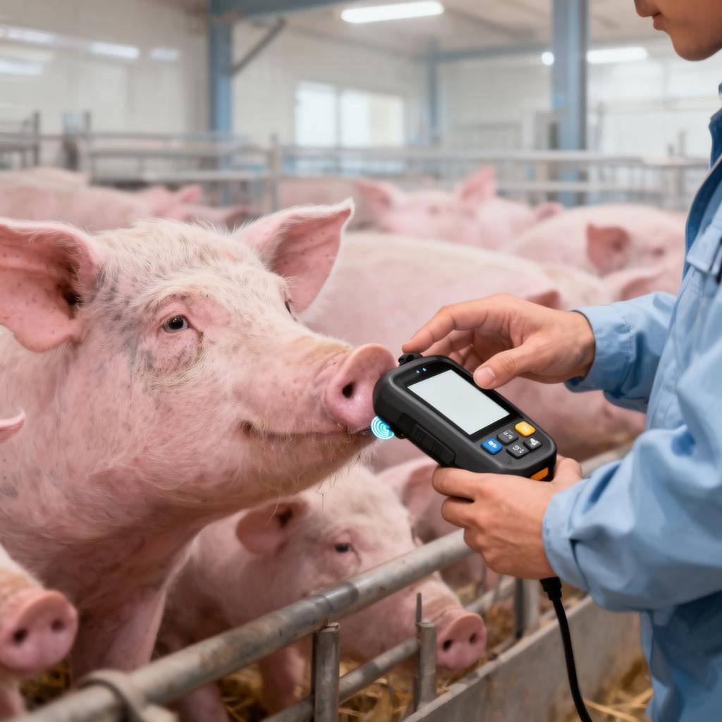 養豚農家が母豚の耳標をRFIDリーダーで読み取り、群飼環境で個体管理を行う穏やかな光景。