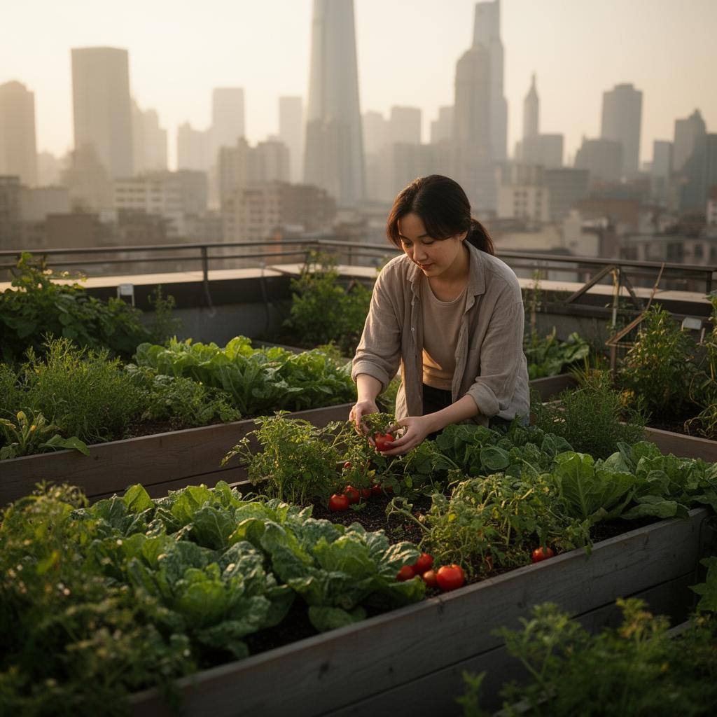 上海屋顶花园中，一位女士在菜床间劳作，背景是城市天际线