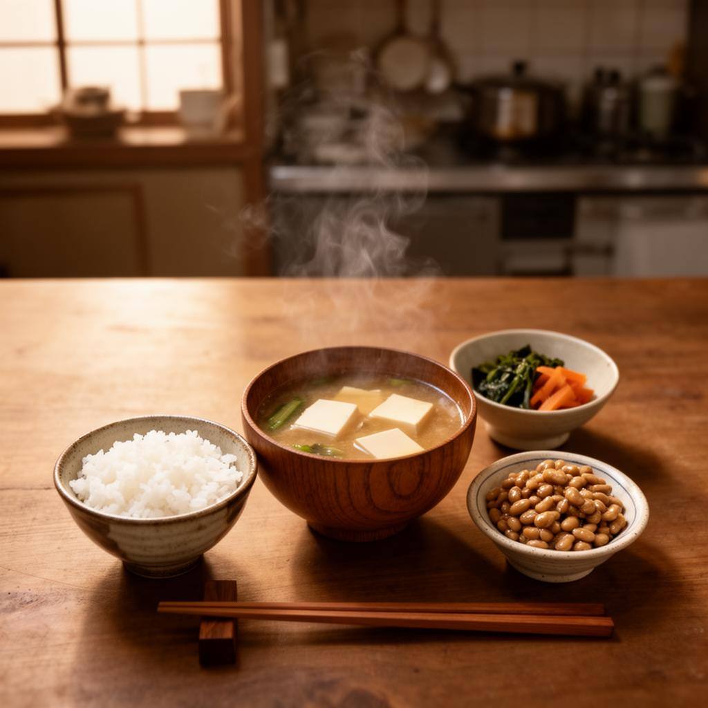 日本の伝統的なヴィーガン朝食：味噌汁、豆腐、納豆、炊きたてご飯のトップビュー
