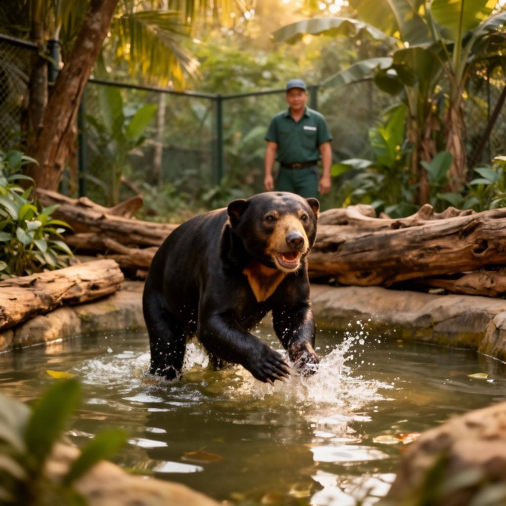 保護区の池で水浴びをする元気なマレーグマの姿