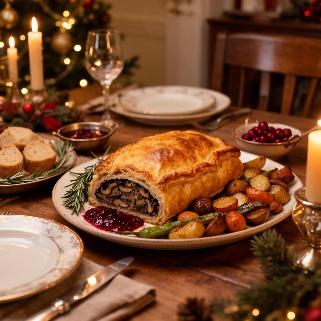 クリスマスの食卓に並ぶ植物由来のマッシュルームウェリントンと温かな雰囲気の装飾