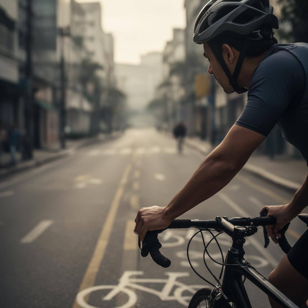 Ciclista urbano pedalando em ciclovia segura em uma cidade brasileira.