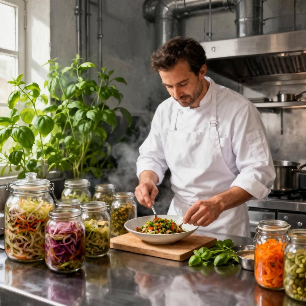 Koch bereitet veganes Gericht mit fermentiertem Gemüse von Hengstenberg zu