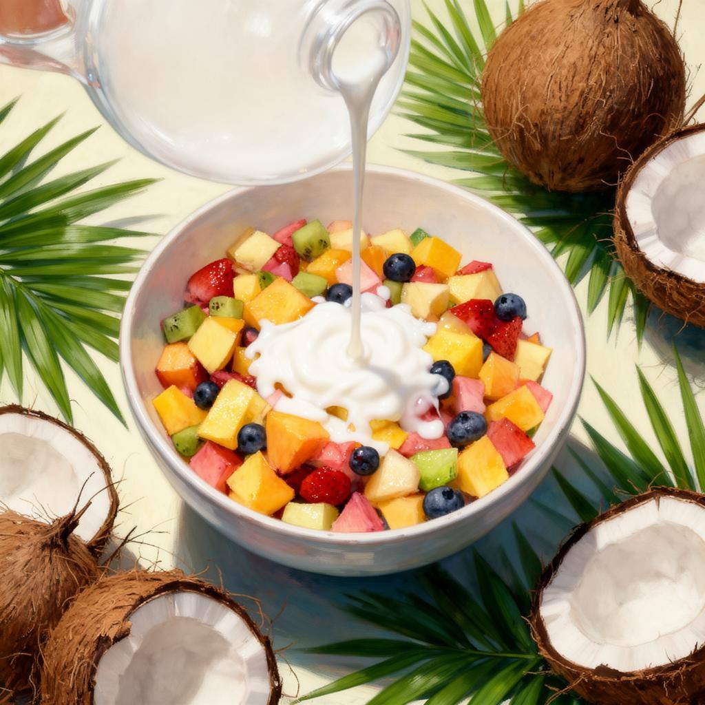 Leite de coco sendo adicionado a uma salada de frutas tropicais.