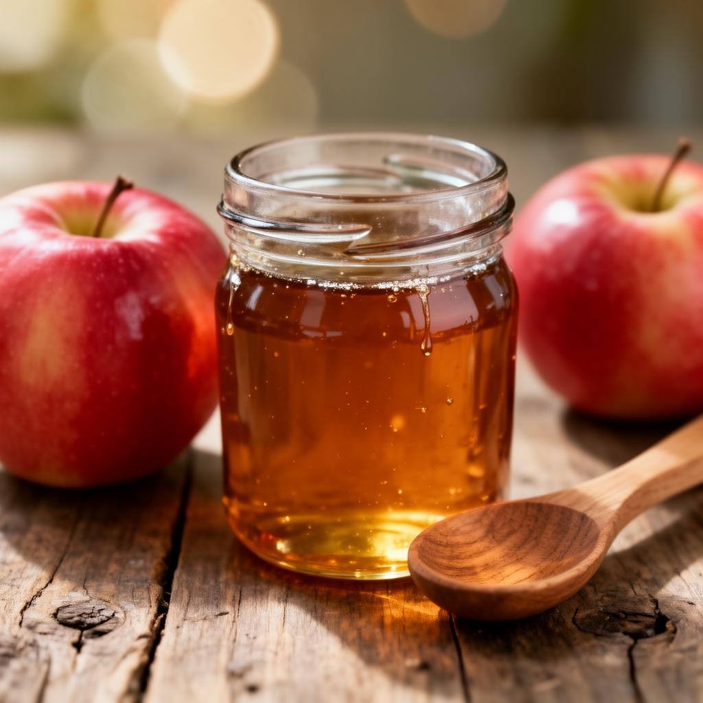 Sirop d'érable doré dans un bocal en verre et pommes fraîches