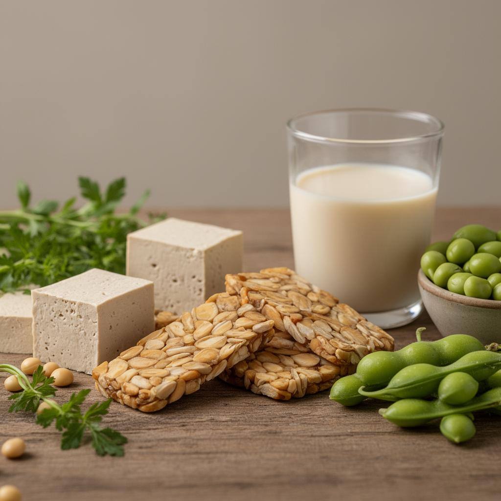 Assortiment d'aliments à base de soja sur une table en bois