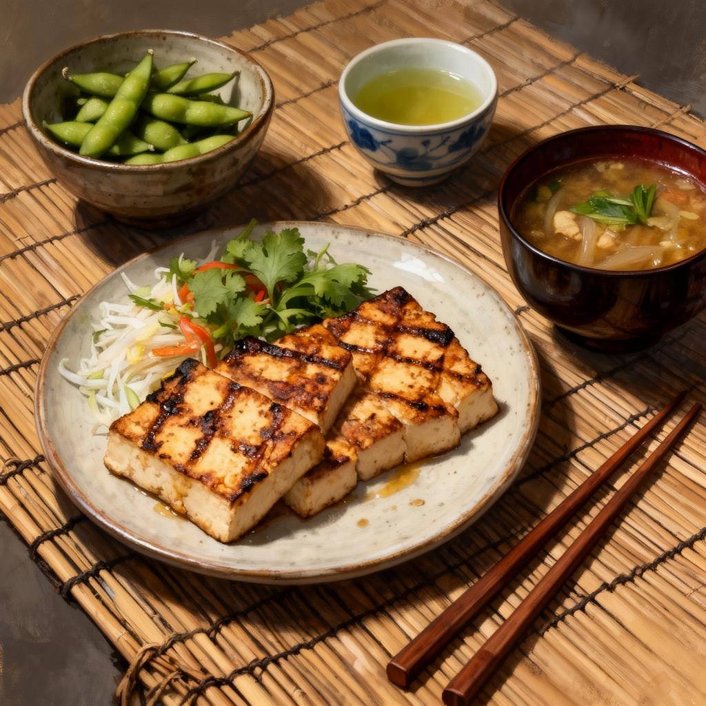 Repas asiatique avec tofu grillé, soupe miso et edamames
