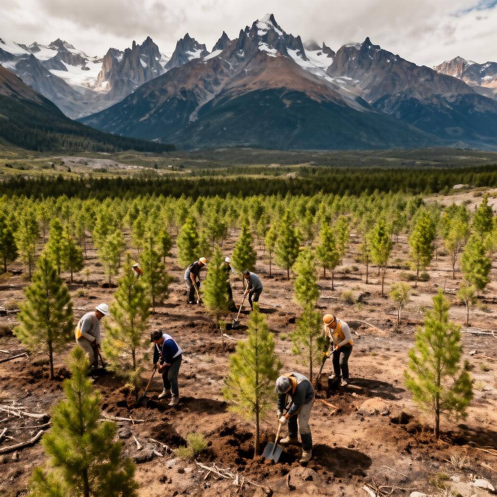 Trabajadores reforestando terrenos en la Patagonia chilena con montañas de fondo