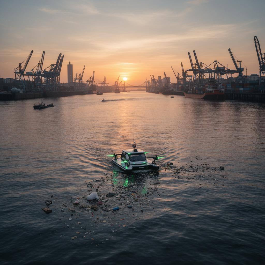 Flussoberfläche am Hamburger Hafen mit Sammelboot gegen Mikroplastik