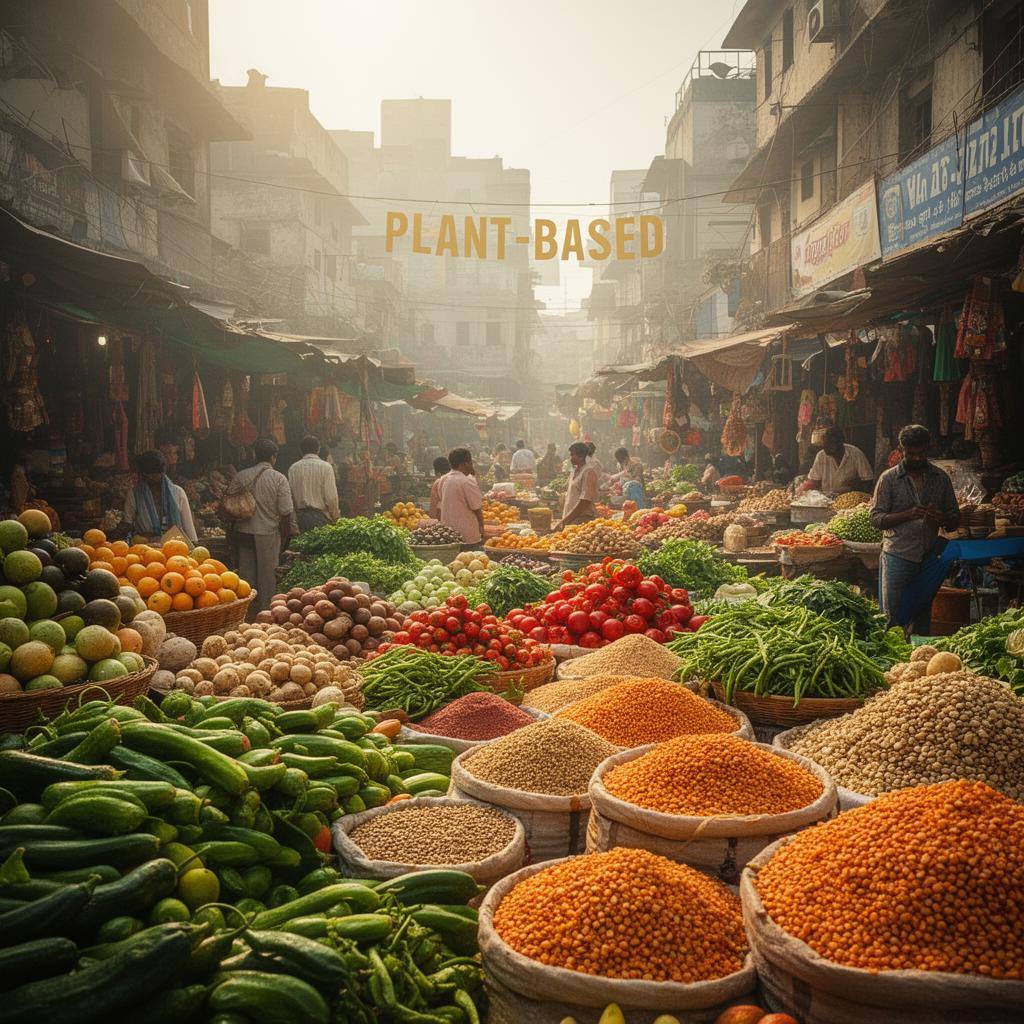 ताज़ी सब्ज़ियों और दालों से भरा भारतीय बाज़ार