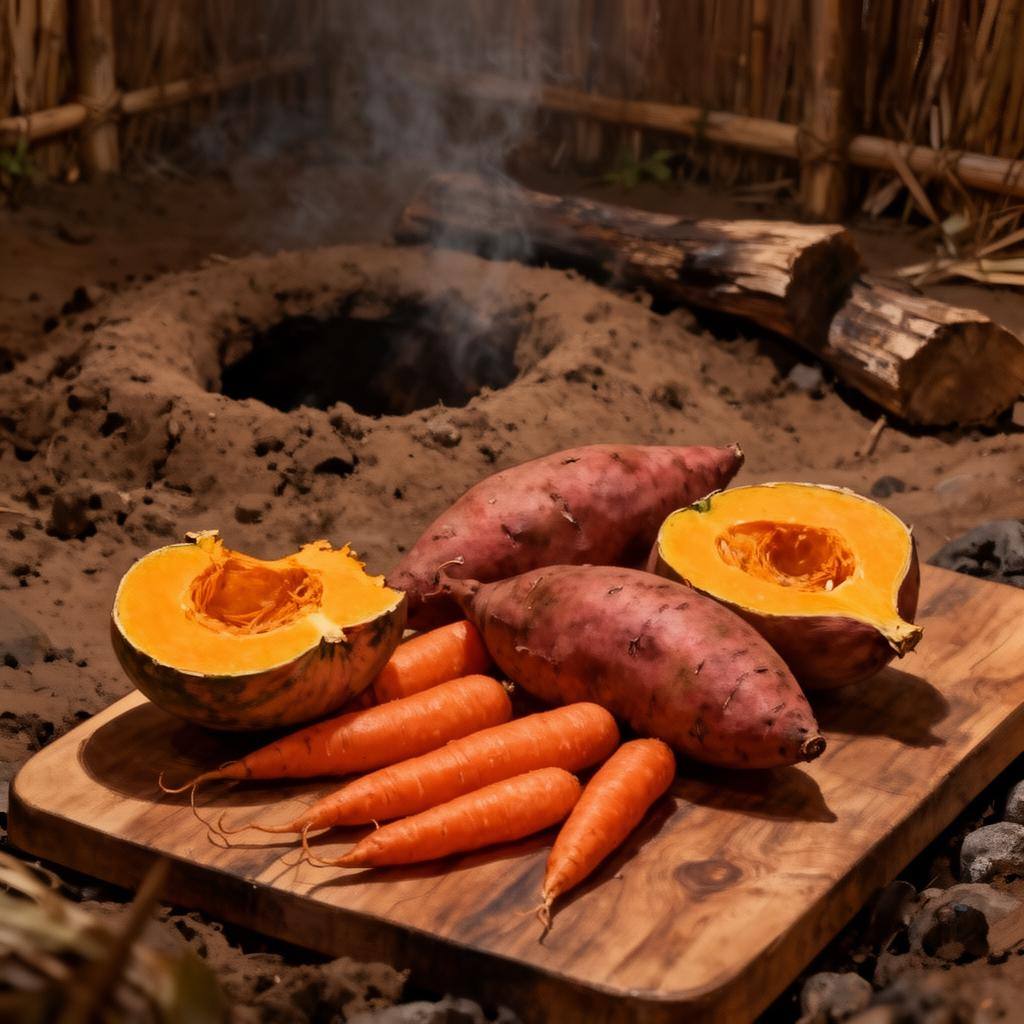 Traditionelles Hāngī-Gemüse auf einem Holzbrett