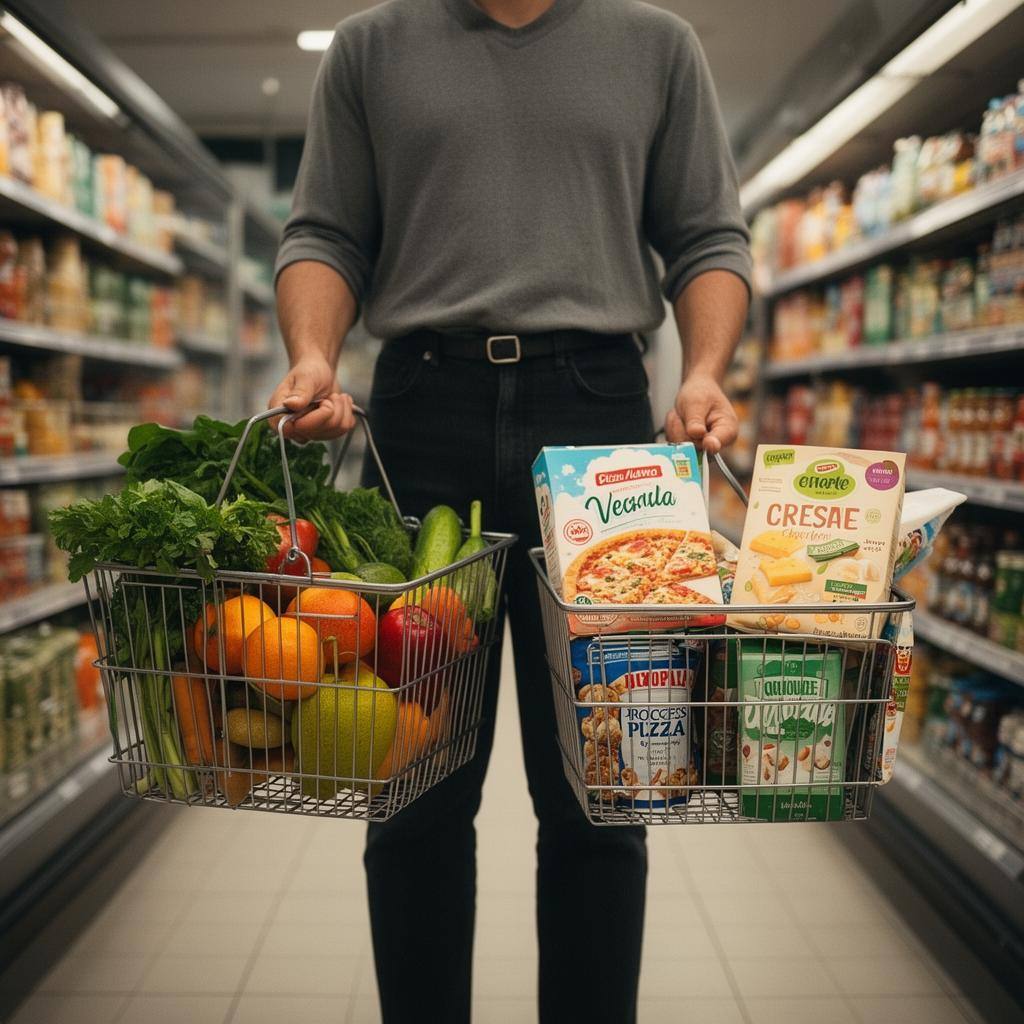 Panier de légumes et aliments vegan transformés