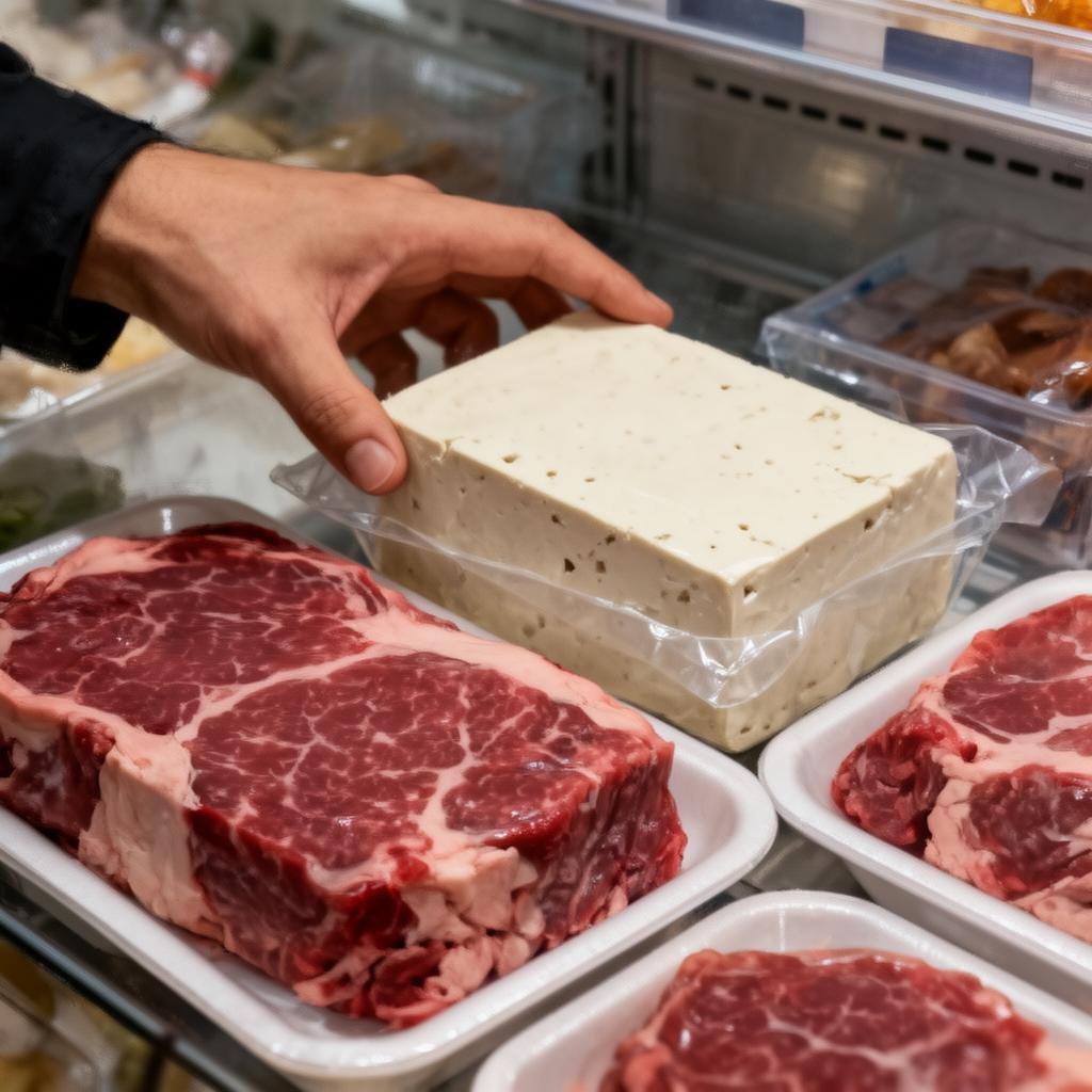Main choisissant entre tofu et viande de bœuf
