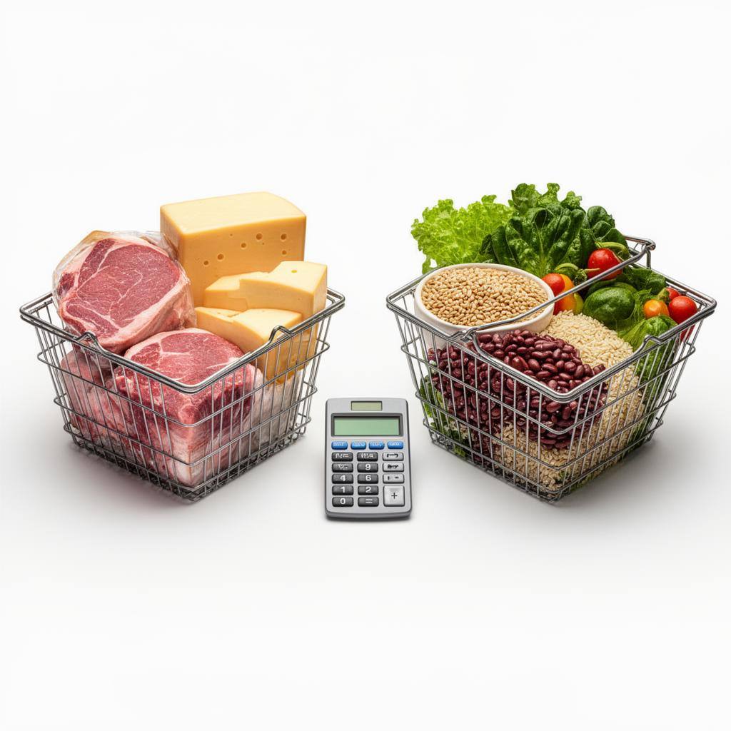 Vergleich zweier Einkaufskörbe mit Fleisch und veganen Produkten